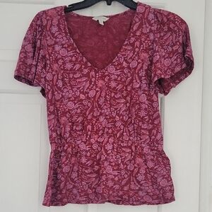 Lucky Brand Burgundy Floral V-Neck Blouse